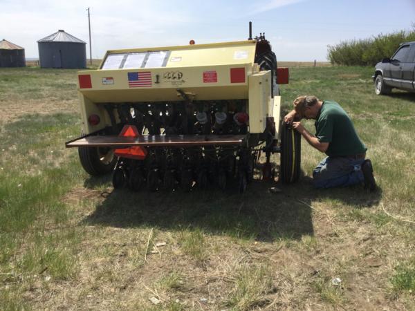 May 2015.  Wayne Schottler measuring wheel height as part of seed calibration for his no-till drill near Froid MT1